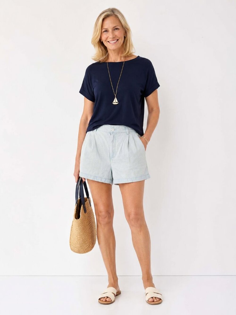 Bella Dahl Women's Chambray High Waist Pleated Pocket Nautical Shorts Sz M